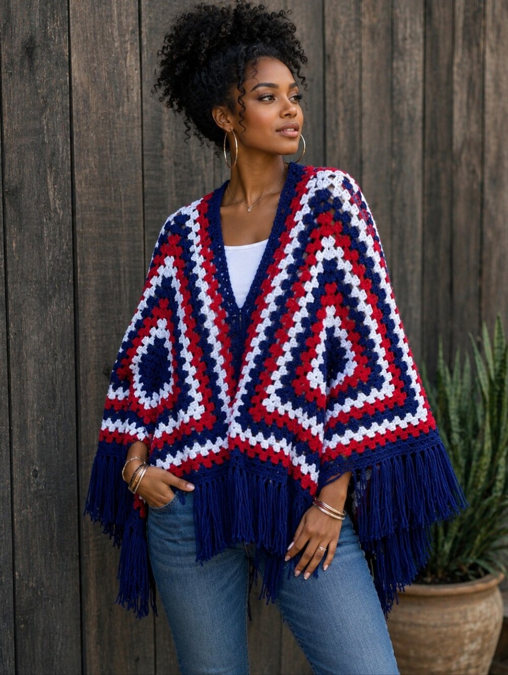 Handmade Crochet Poncho Shawl Red White Navy Blue Fringe Boho Granny Square